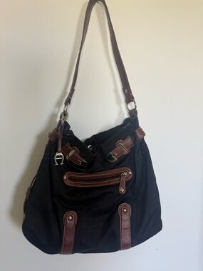 Vintage Etienne Aigner Black Nylon & Brown Leather Trim Shoulder Bag